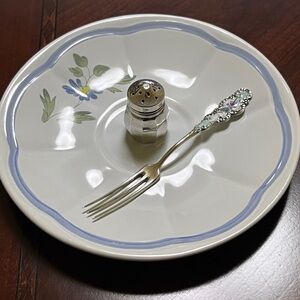 Rare Antique Sterling Enamel Fork, French Floral Plate & Sterling Salt Shaker